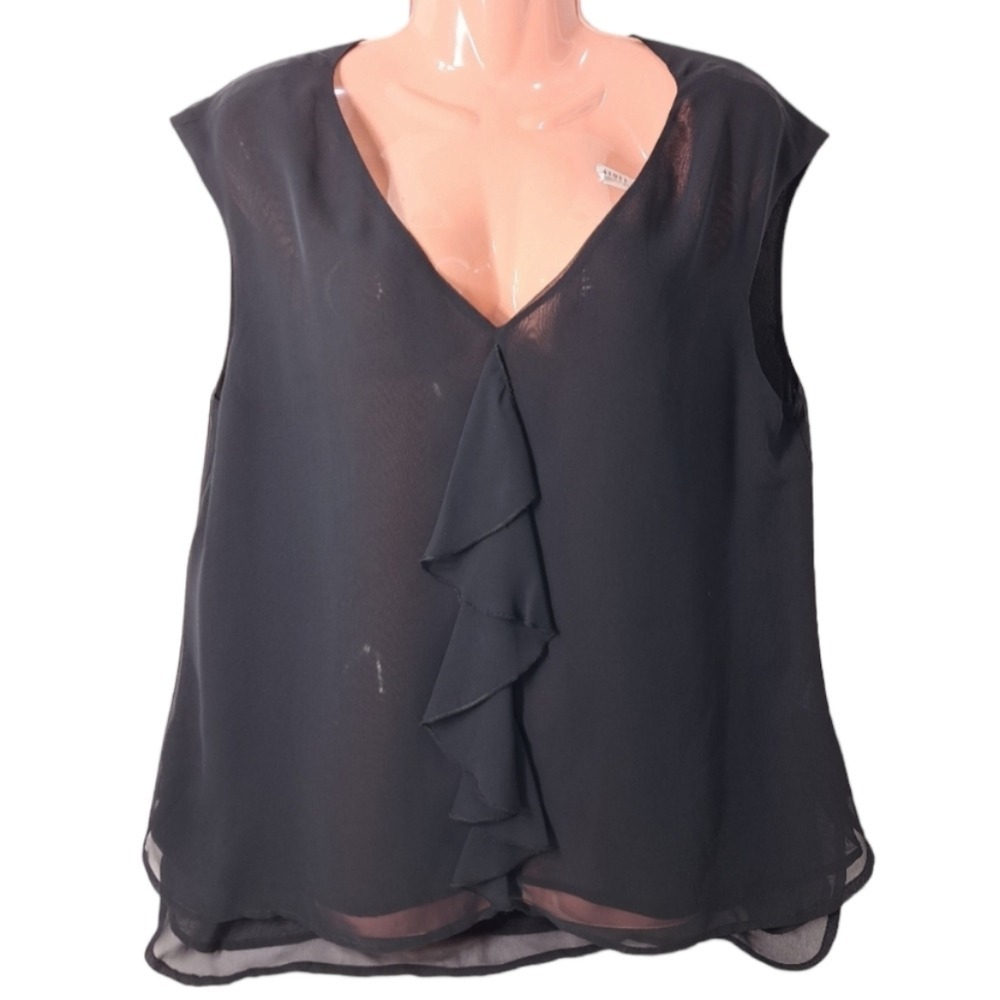 CeCe Women's Sleeveless Sheer Ruffled Black Blouse 100% Polyester Size‎ M